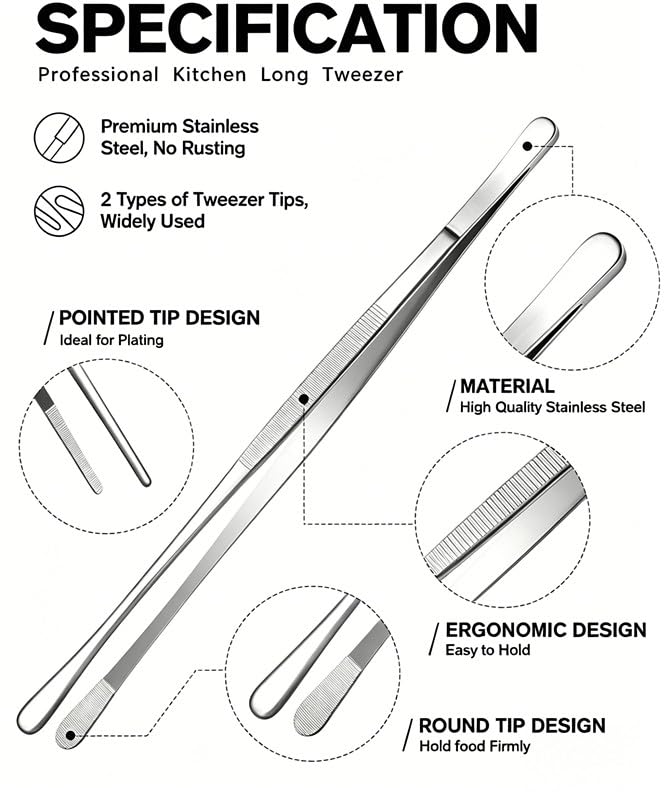 Stainless Steel Kitchen Tweezers Tongs Set - 10 & 12 Inch Precision BBQ Tools