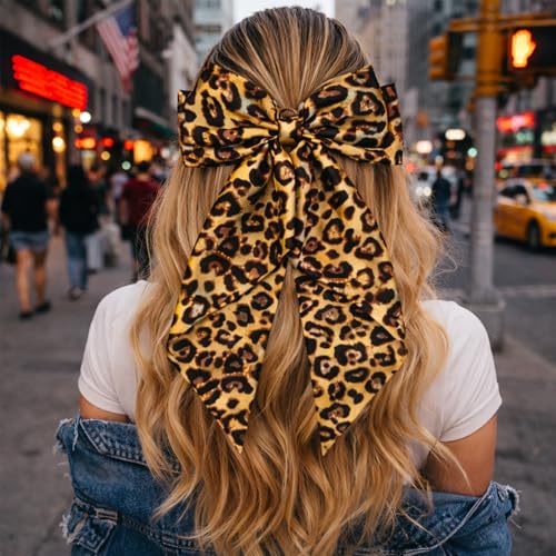 JazSwirl Large Leopard Print Hair Bow Clip, Oversized Satin Cheetah Bow
