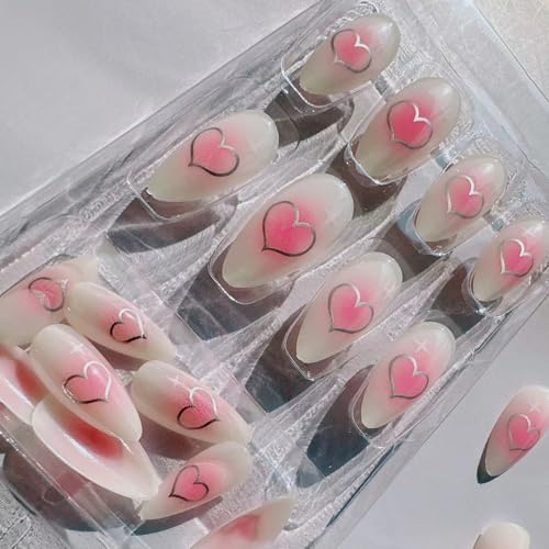 YKZFUI Medium Almond Press on Nails Pink Blush Star False Nails