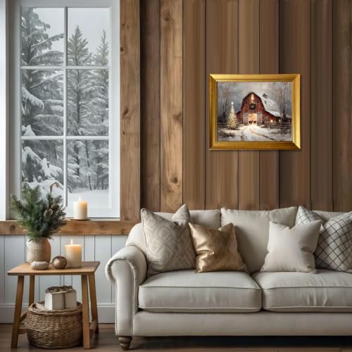 Vintage Christmas Wall Art Canvas Print - Red Barn Snow Scene, Framed 16x12 Inches