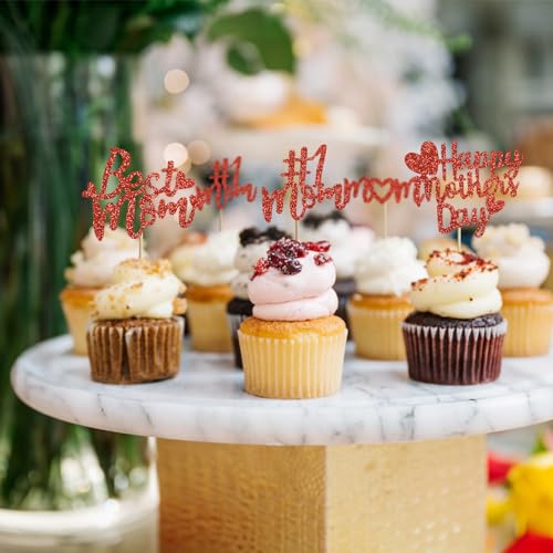 12pcs Mother's Day Cupcake Toppers - Glitter Red Decorations
