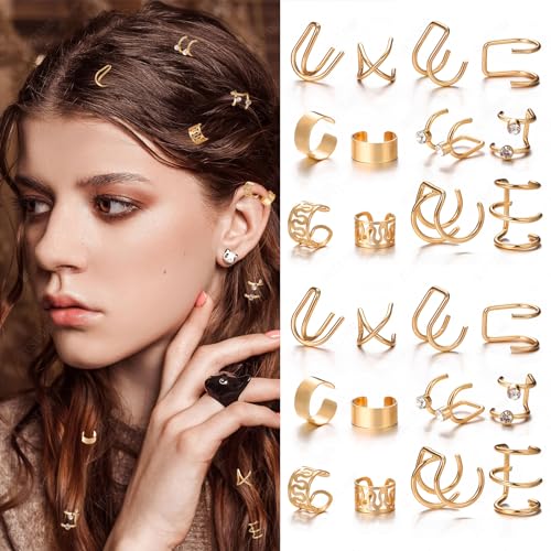 24 Pcs Gold Silver Hair Braids Dreadlock Cuffs and Non-Piercing Ear Clips
