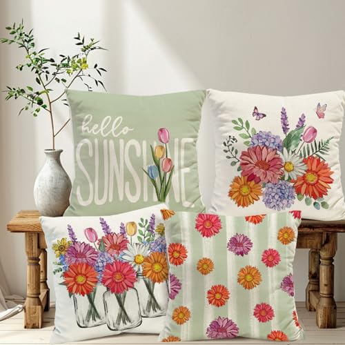 Vibrant Daisies Throw Pillow Covers Set of 4 - 18x18 Inch Floral Decor