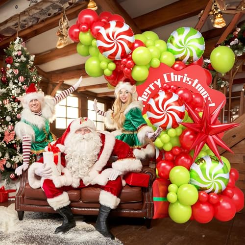 Christmas Balloon Arch Kit with Red, Lime Green & Star Variations – 130pcs Party Decor