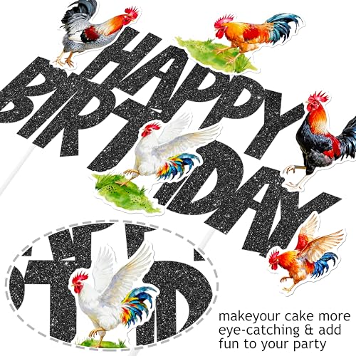 Rooster Birthday Cake Topper with Black Glitter 'Happy Birthday'