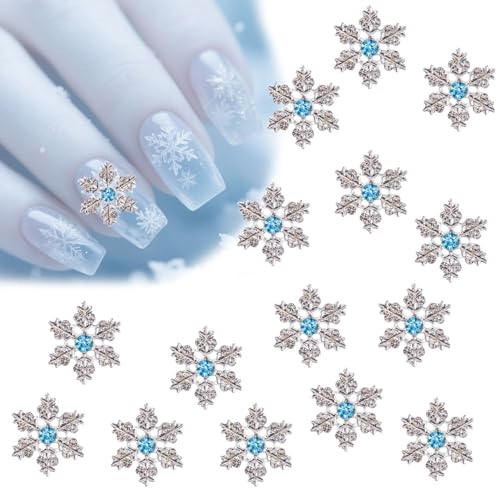 20 Pcs 3D Snowflake Nail Charms Silver Metal Blue Crystal Rhinestones