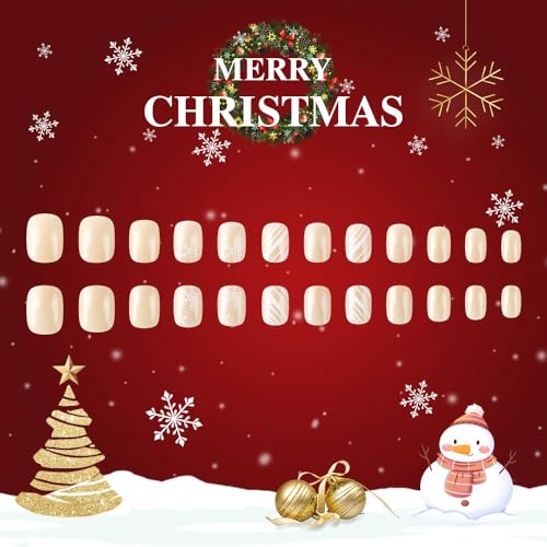 Christmas Short Square Press on Nails Winter Snowflake False Nails 24Pcs