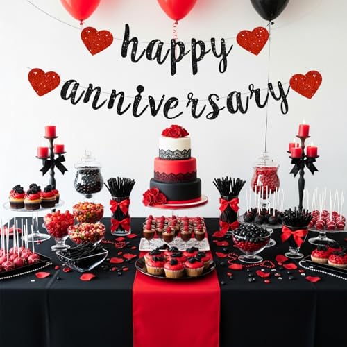 Glitter Happy Anniversary Banner Decoration - Black Red Pre-Strung