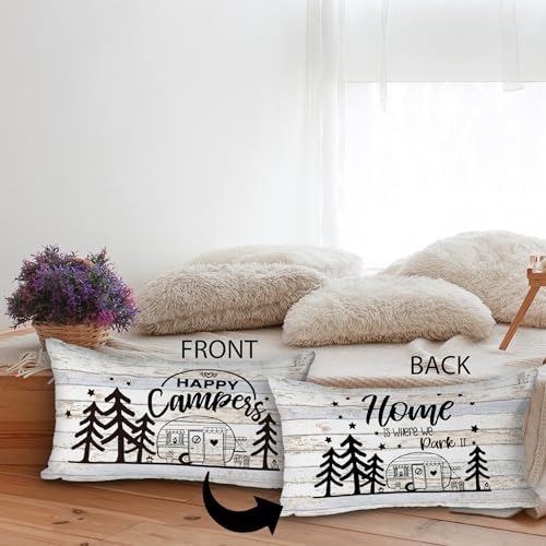 Happy Camper Reversible Throw Pillow Cover 12 x 20 Inch - Wood Grain Camper