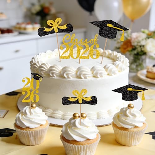 Graduation Cupcake Toppers 2026 - 24 Pack Gold Glitter Decor