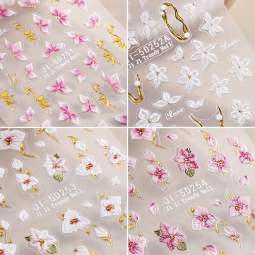 5D Embossed Flower Nail Stickers - Pink & White Floral Decals (4 Sheets)