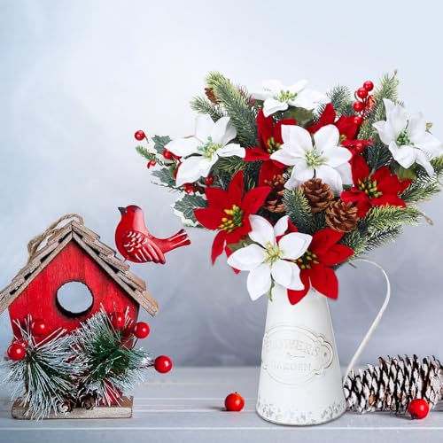 Artificial Christmas Poinsettia Flowers Stem Picks - Red, Green, White Set of 20