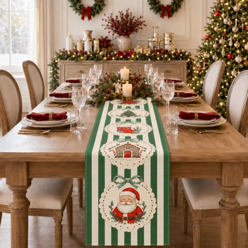 Green Stripe Candy Cane Poinsettia Christmas Table Runner 13 x 108 Inch Holiday Decor