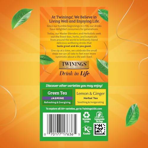 Twinings Pure Green Tea Bags, Caffeinated, 20 Count (Pack of 6)