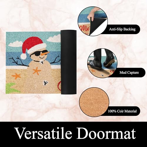 Coastal Christmas Coco Coir Door Mat with Non-Slip Backing - 18x30 Inches - Easy to Clean Welcome Mat - Holiday Outdoor Decor - Variation: Multi