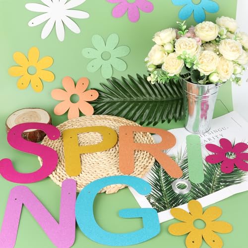 Hello Spring Glitter Banner with Daisy Flower Garland - Colorful Party Decoration