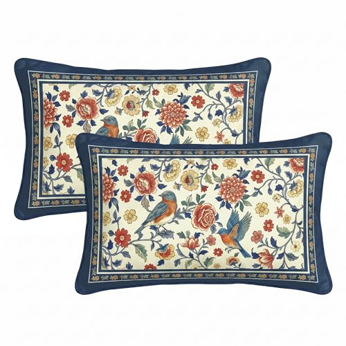 Blue Floral Chinoiserie Throw Pillow Covers Set of 2 20x12 Inches Velvet Spring Decor