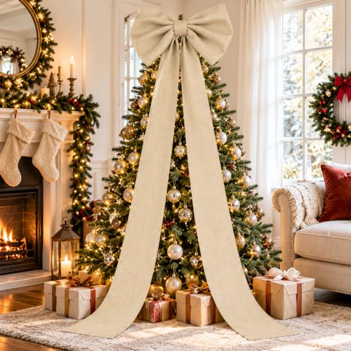 Beige Extra Large Burlap Bow Tree Topper 118x28 Inch Christmas Decor