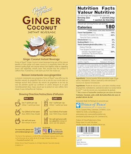 Prince of Peace Ginger Coconut Instant Beverage, 22 Sachets