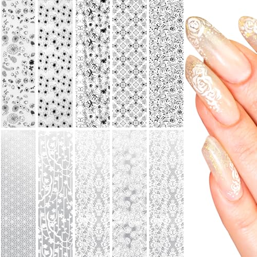 SmallCat 10 Pcs Lace Nail Art Transfer Foils Black and White Stickers