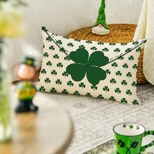 St. Patrick's Day Clover Throw Pillow Cover - 12x20 Inch Shamrock Cushion Case