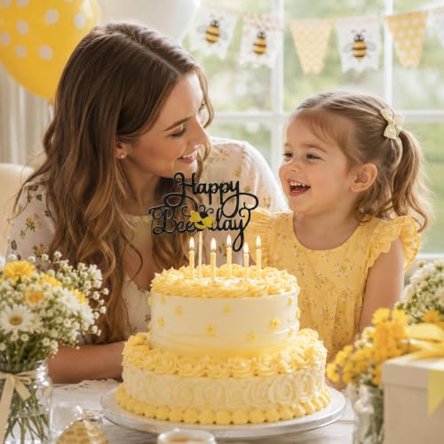 Happy Bee Day Cake Topper - Black Glitter Bumble Bee Decoration