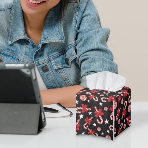 Doginthehole Red Candy Cane Tissue Box Cover PU Leather Square Holder with Belt Bottom, Christmas Decor