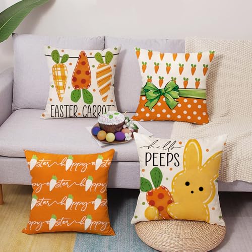 Happy Easter Carrots & Peeps Decorative Throw Pillow Covers - 20" x 20" (Pack of 4)