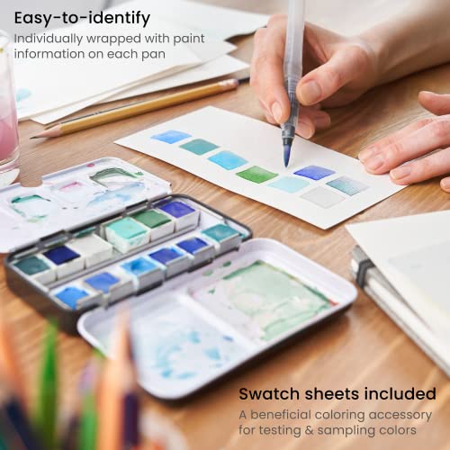 ARTEZA Watercolor Paint Set, 12 Ocean Tones Half Pans, Watercolor Set with Brush, Semi Moist Water Colors