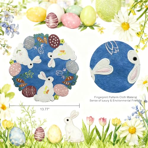 OVOY Easter Placemats Set of 2 - 13.77 Inch Round Embroidered Bunny Table Mats