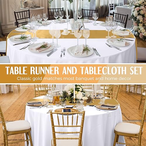 Tudomro White and Gold Round Tablecloth and Satin Runner Set - 8 Pieces, Disposable, 84 Inch
