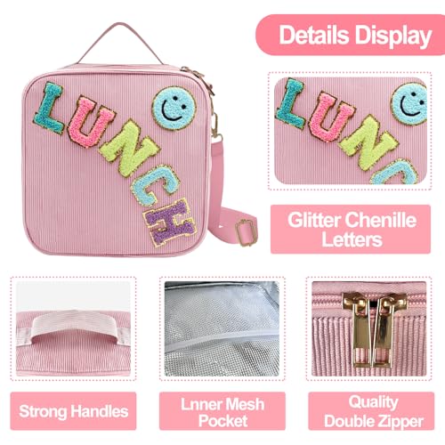 Pink Insulated Lunch Bag with Adjustable Strap - Corduroy Design