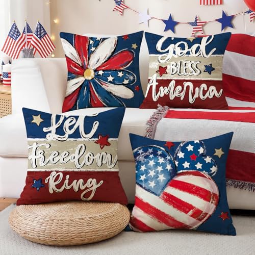 Artscope 4th of July Throw Pillow Covers, 18x18 Inch Patriotic Set of 4