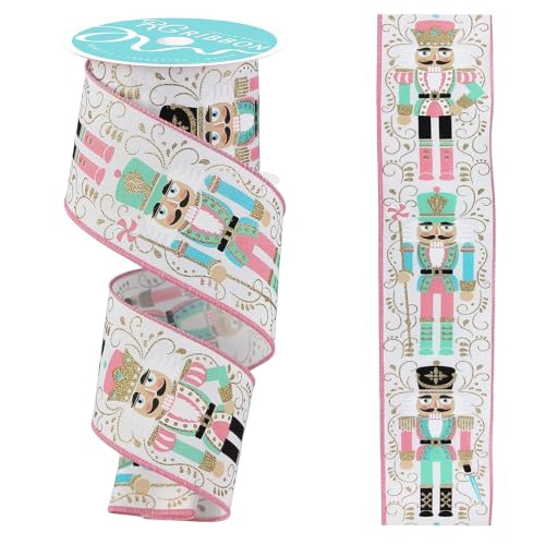Pastel Nutcracker Ribbon 2.5 Inch Wired Christmas Bows - White, Pink, Multi