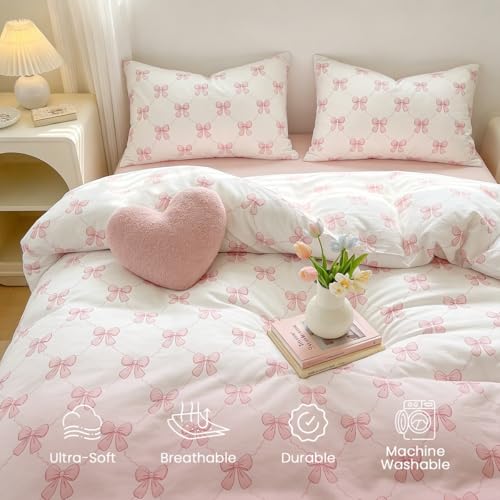 Twin Pink Bow Duvet Cover Set - Reversible & Soft