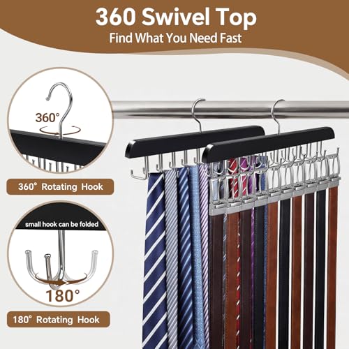2 Pack Wooden Tie Rack and Belt Hanger with 40 Hooks