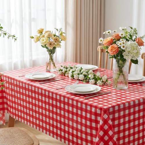 Goodluck 54 x 108 Inch Disposable Plastic Tablecloths - Red & White Gingham