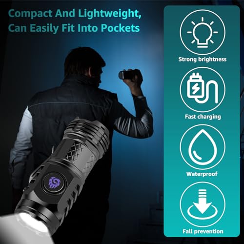 2Pcs German Three-Eyed Monster Mini Flashlight, Super Power Thumb Light with Clip, Portable LED Torch (Black+Silver)