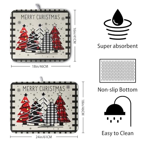 Christmas Trees Dish Drying Mat 18x24 Inch Reversible Microfiber Kitchen Counter Decor - Black White Buffalo Plaid