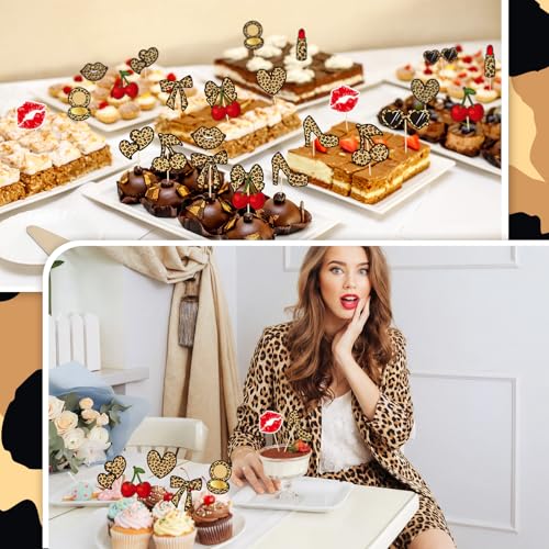 24 Pcs Leopard Print Cherry Cupcake Toppers for Birthday Parties