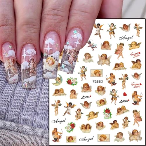 GUAACCB 8 Sheets 3D Angel Nail Stickers Cupid Wings & Rose Flower Decals