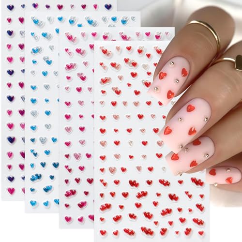 5D Embossed Heart Nail Stickers 4 Sheets Glitter Valentines Nail Art Decals