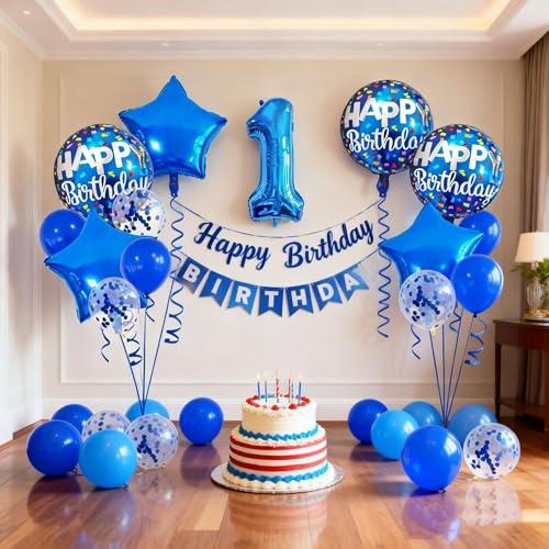 1st Birthday Balloon Decoration Set - Blue Number 1 Foil Balloon Kit