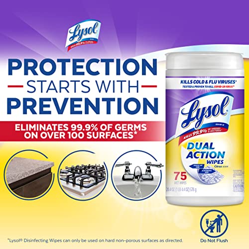 Lysol Dual Action Disinfectant Wipes, Citrus Scent, 75ct (Pack of 2)
