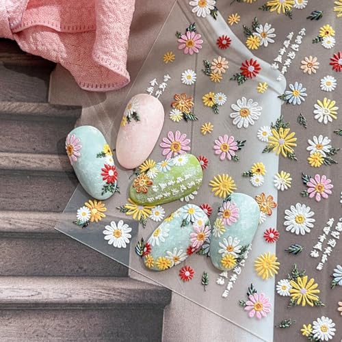 5D Embossed Floral Nail Stickers - Self-Adhesive Daisy Flower Nail Decals