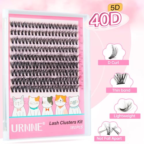 URNNE Fluffy 5D 40D Cluster Lash Extensions DIY Wispy D Curl Lashes 180pcs