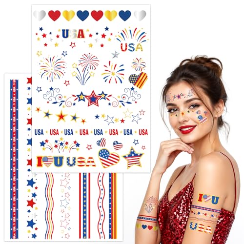 HOWAF 4th of July Patriotic Temporary Tattoos - Red White Blue Face & Body Decals