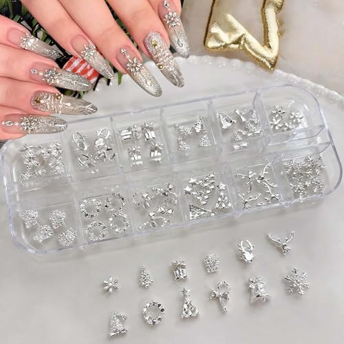 ONPRESS 48Pcs Christmas Nail Charms Silver Alloy Holiday Nail Art Rhinestones