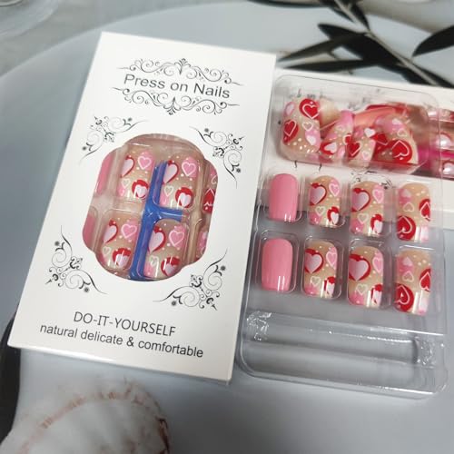 Red Love Heart Press on Nails Medium Square Glossy Fake Nails 24Pcs