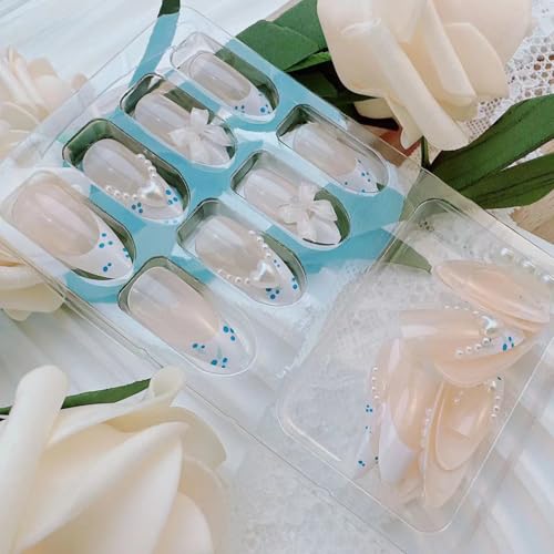 French Blue Press On Nails Medium Almond Fake Nails 3D Heart Rhinestone